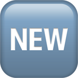 Wort „New“ in blauem Quadrat as rendered by Apple