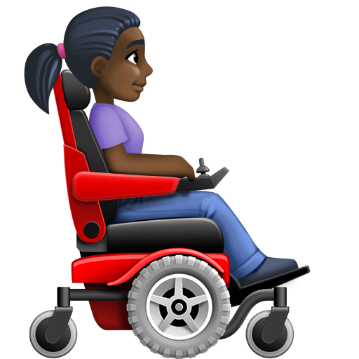 Woman in Motorized Wheelchair Facing Right: Dark Skin Tone, the design in this release