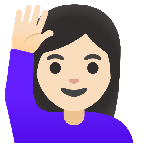 woman raising hand: light skin tone — Google