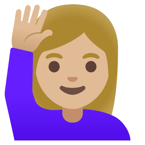 woman raising hand: medium-light skin tone — Google
