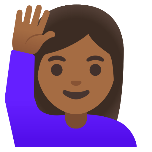woman raising hand: medium-dark skin tone — Google