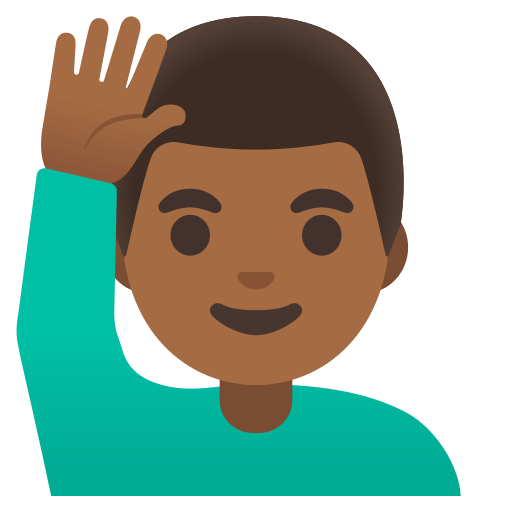 man raising hand: medium-dark skin tone — Google