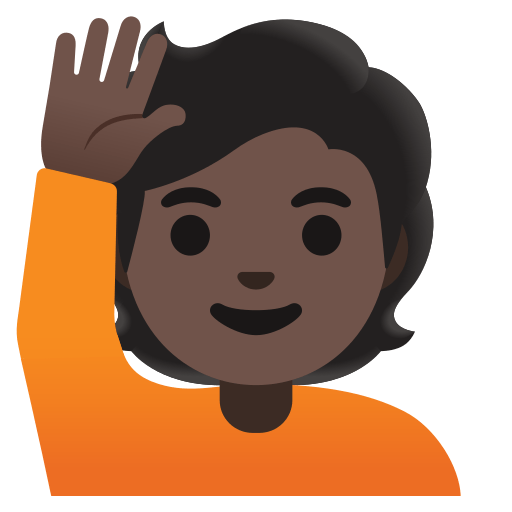 person raising hand: dark skin tone — Google