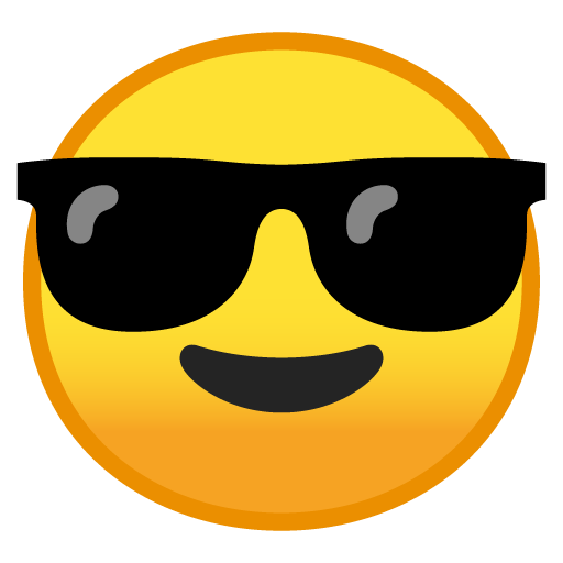 Smiling Face with Sunglasses as drawn by Google in Android 9.0