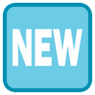 Wort „New“ in blauem Quadrat as rendered by HTC