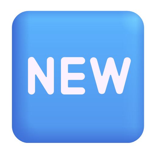Wort „New“ in blauem Quadrat as rendered by Microsoft 3D Fluent