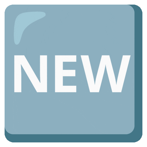 Wort „New“ in blauem Quadrat as rendered by Noto Animated Emoji